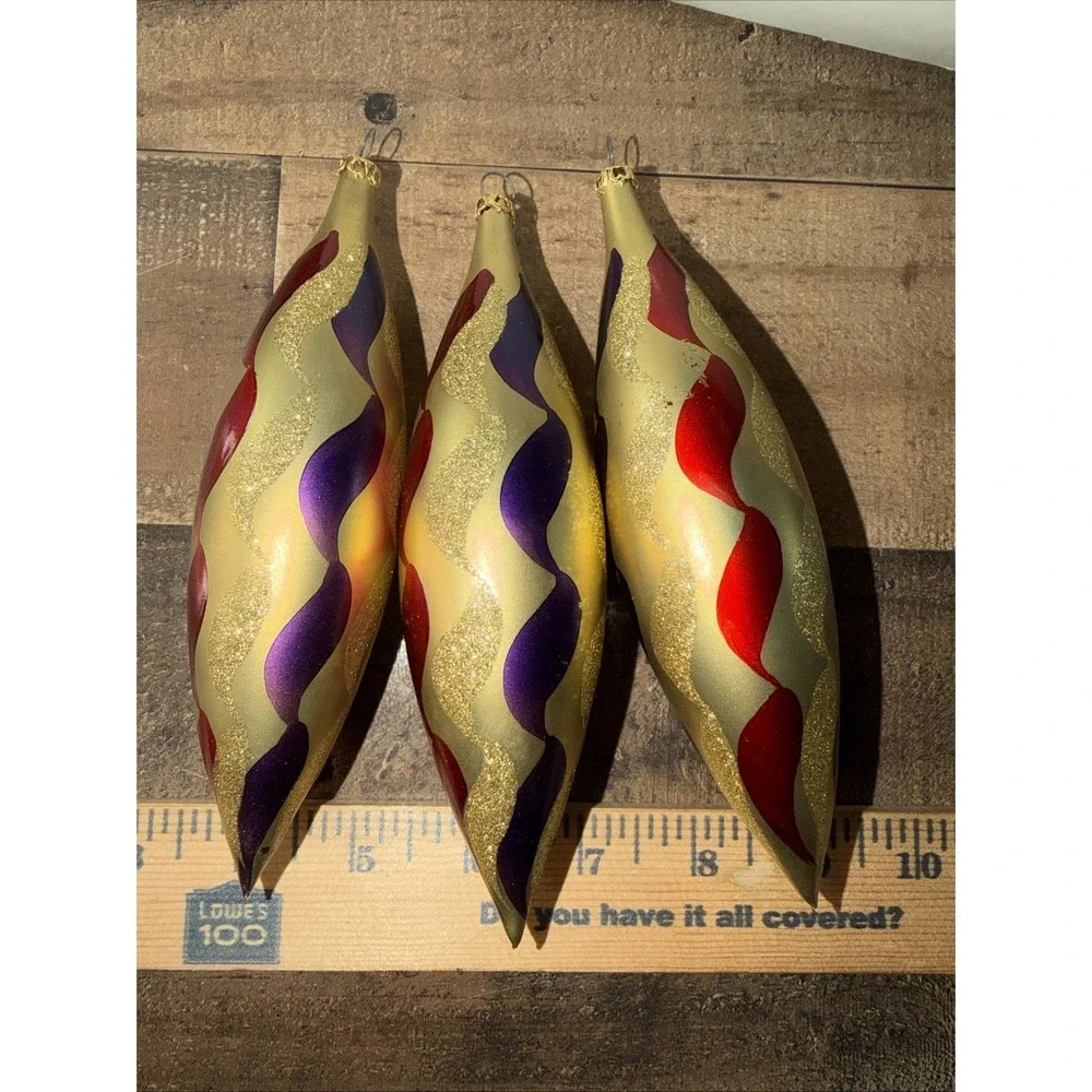 Christmas Ornaments Set of 4 Glitter Red & Gold,  3 Teardrop Swirls Blown Glass